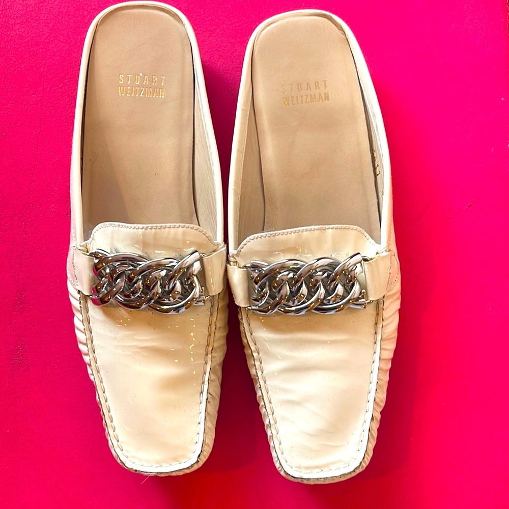 Stuart Weitznan cream patent slip on mule loafers